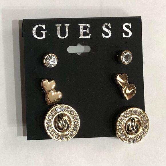 GUESS Gold Rhinestone Heart Shaped Signature Stud Earrings (3 pairs) (a)186 - Picture 1 of 8